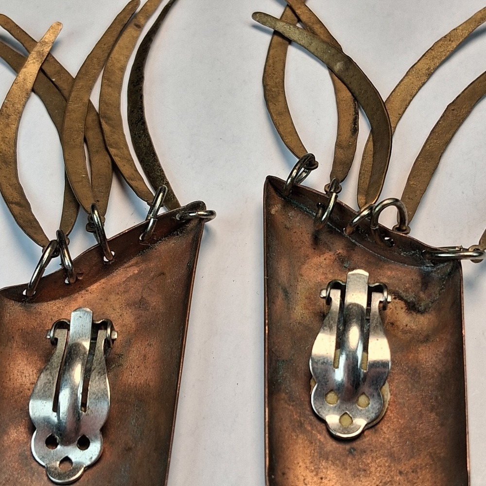 Vintage MCM Brutalist Copper Clip On Earrings Mixed Metal Dangle Artisan Studio - Picture 7 of 8